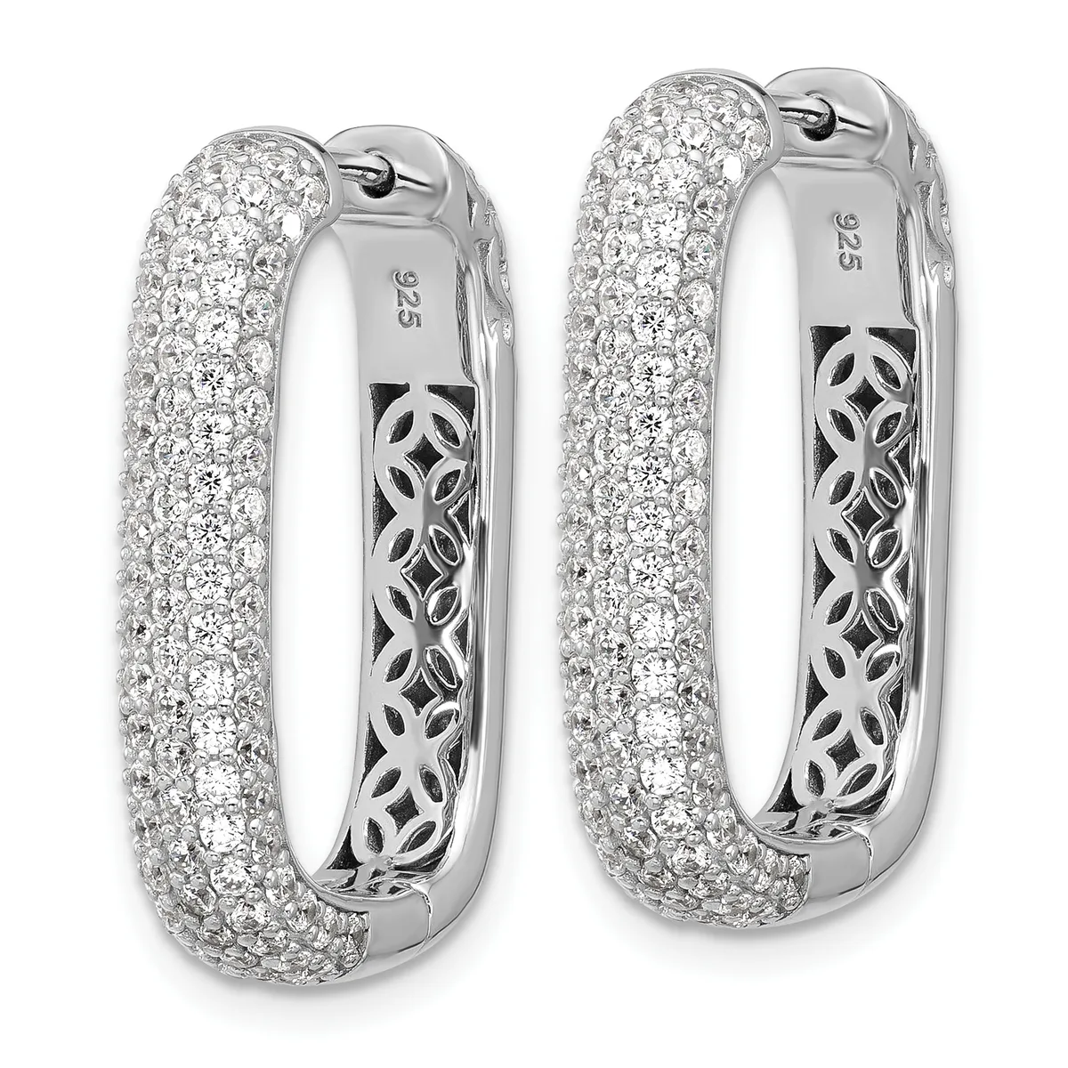 A pair of silver hoop earrings with pave-set cubic zirconia on the outer surface and ornamental cutout detailing on the inner surface, shown from front and back views.