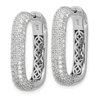 A pair of silver hoop earrings with pave-set cubic zirconia on the outer surface and ornamental cutout detailing on the inner surface, shown from front and back views.