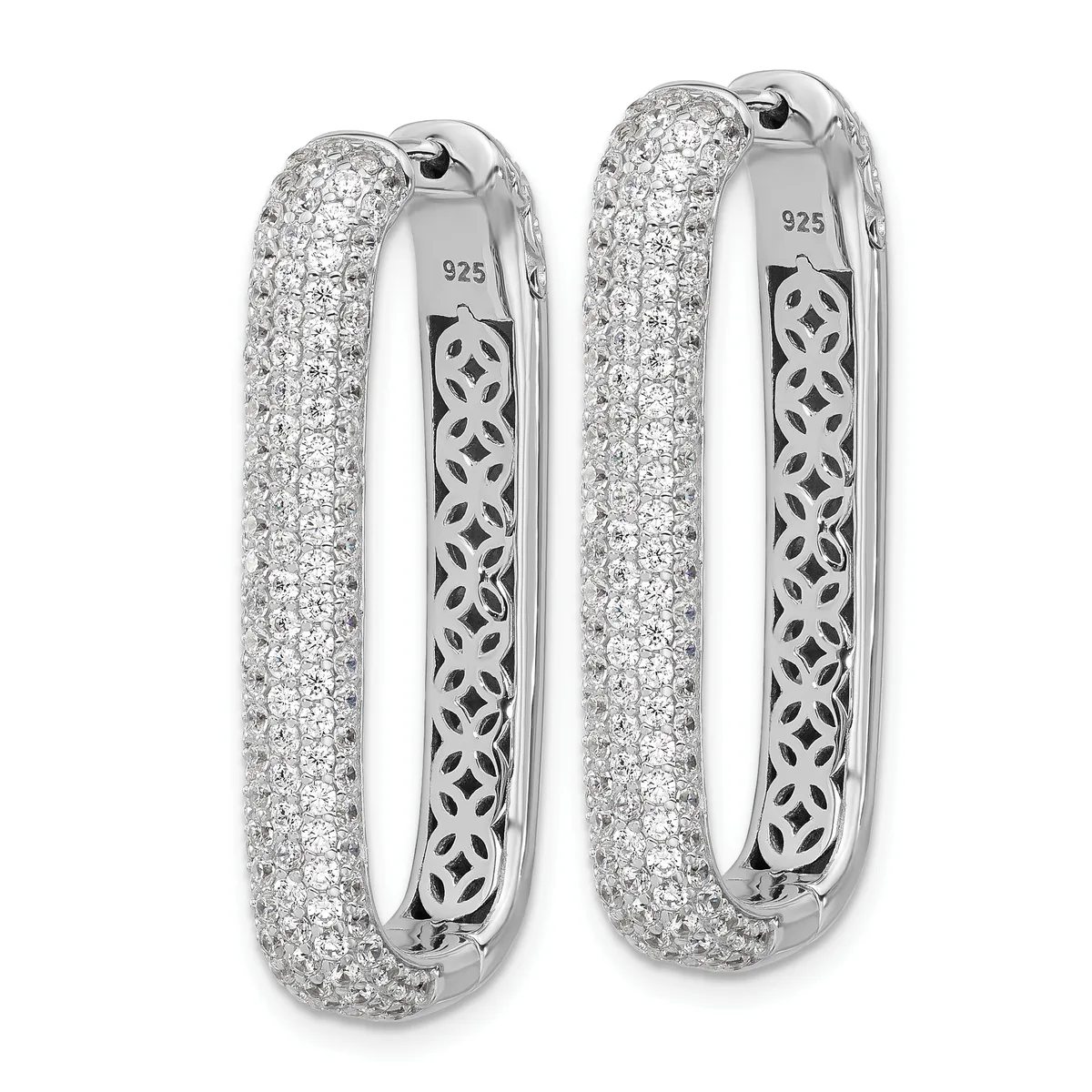 A pair of sterling silver hoop earrings with a small stamped hallmark, densely paved with round cubic zirconia stones on the outer surface and featuring an ornate lattice pattern on the inner surface.