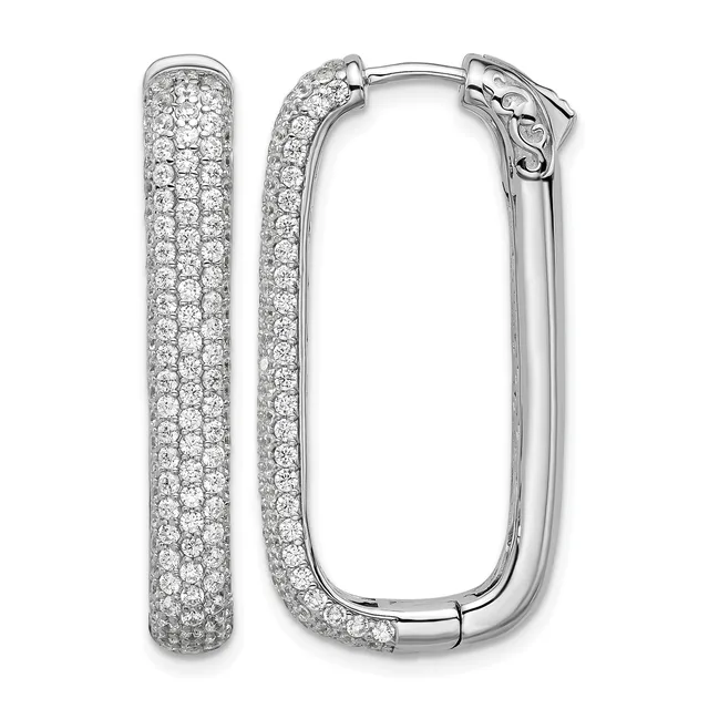 A pair of silver hoop earrings densely paved with round diamonds, shown from the front and side angles, with hinged closures at the top.