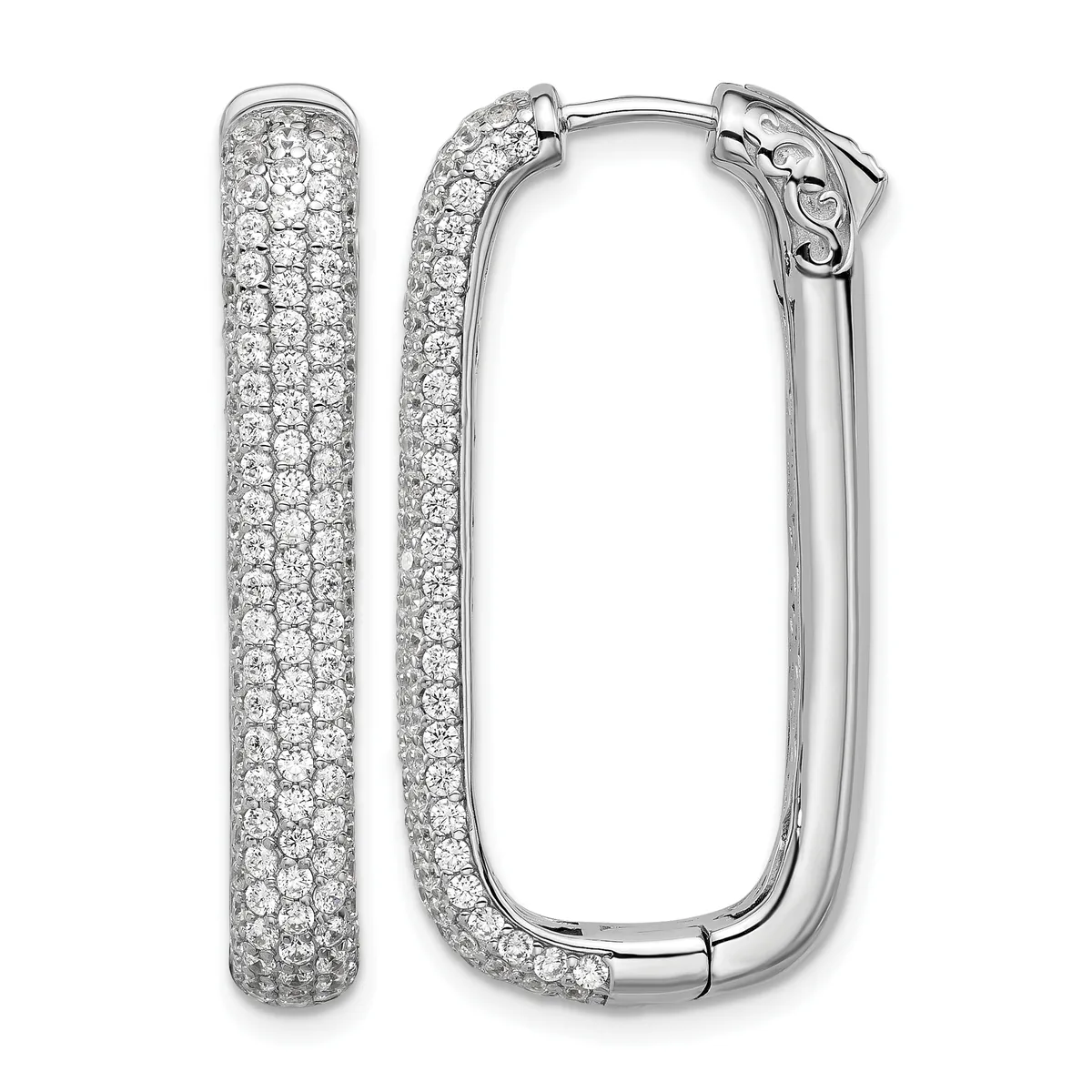 A pair of silver hoop earrings densely paved with round diamonds, shown from the front and side angles, with hinged closures at the top.