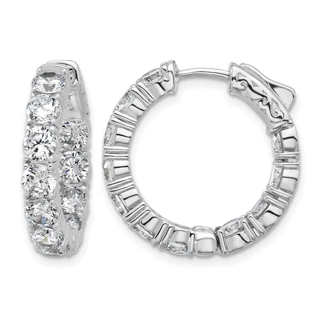 A pair of silver hoop earrings with a hinged clasp, densely set with round cubic zirconia stones on both the front and back surfaces.