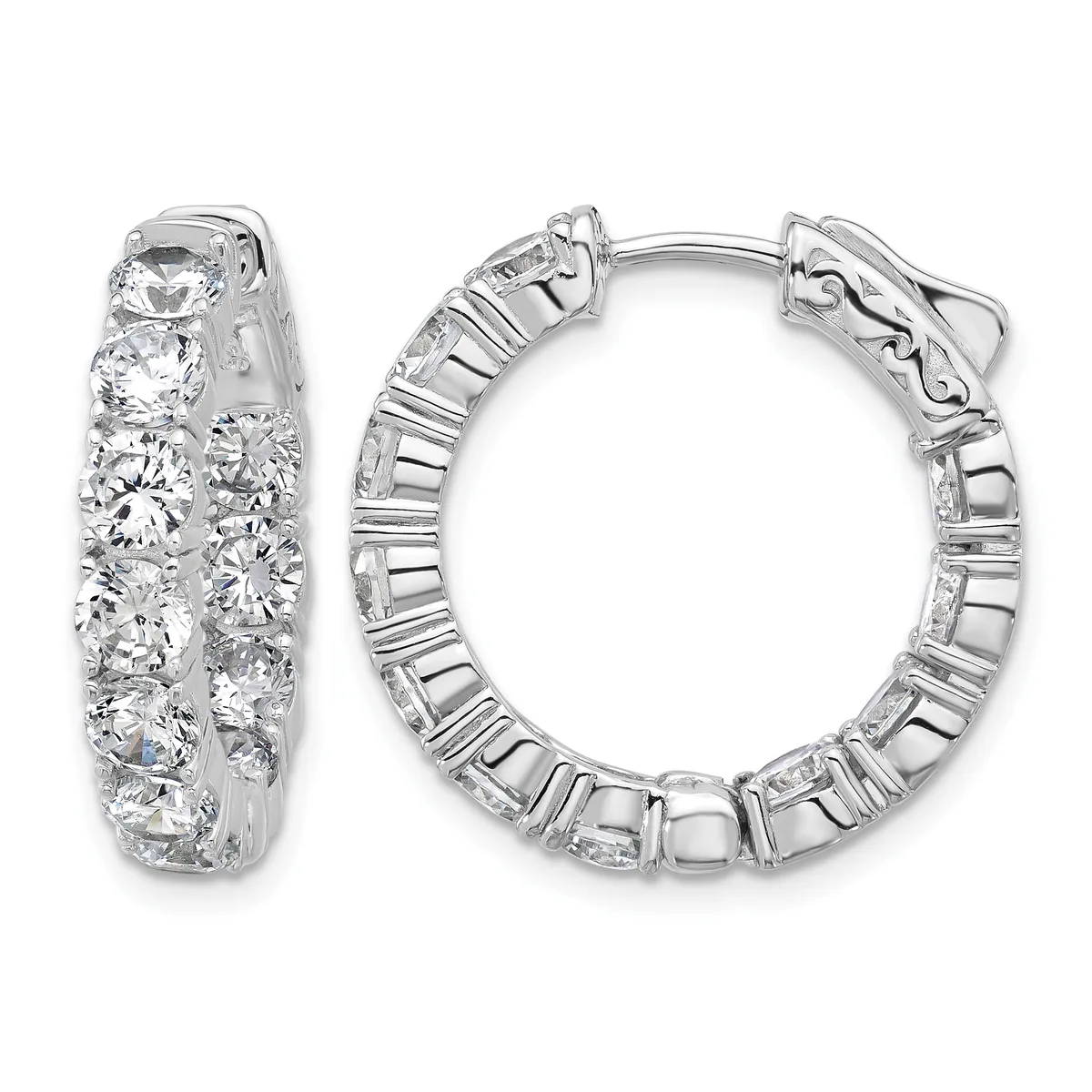A pair of silver hoop earrings with a hinged clasp, densely set with round cubic zirconia stones on both the front and back surfaces.
