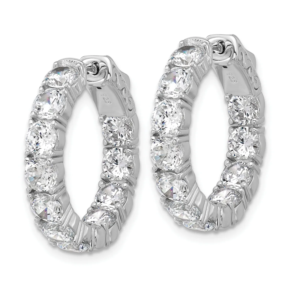 A pair of silver hoop earrings set with multiple round cubic zirconia stones arranged in a continuous line around each hoop, shown against a white background.