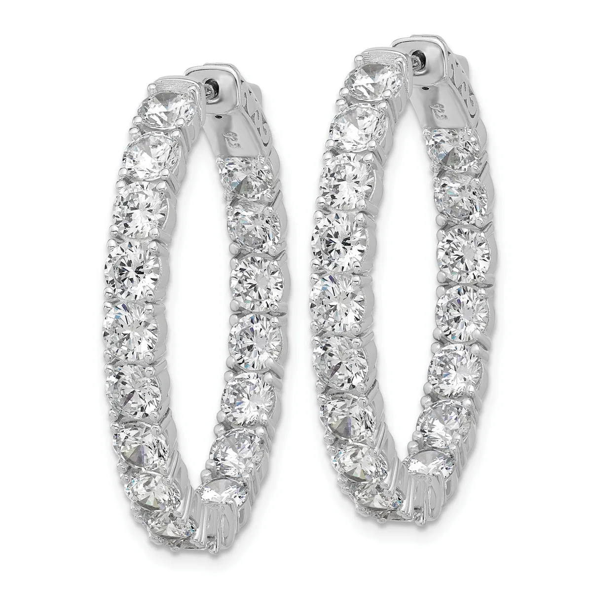 Pair of silver hoop earrings densely set with round diamonds throughout, shown from the front against a white background.