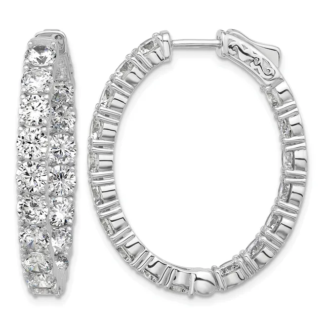A pair of silver hoop earrings densely set with round diamonds, shown from the front and side angles.