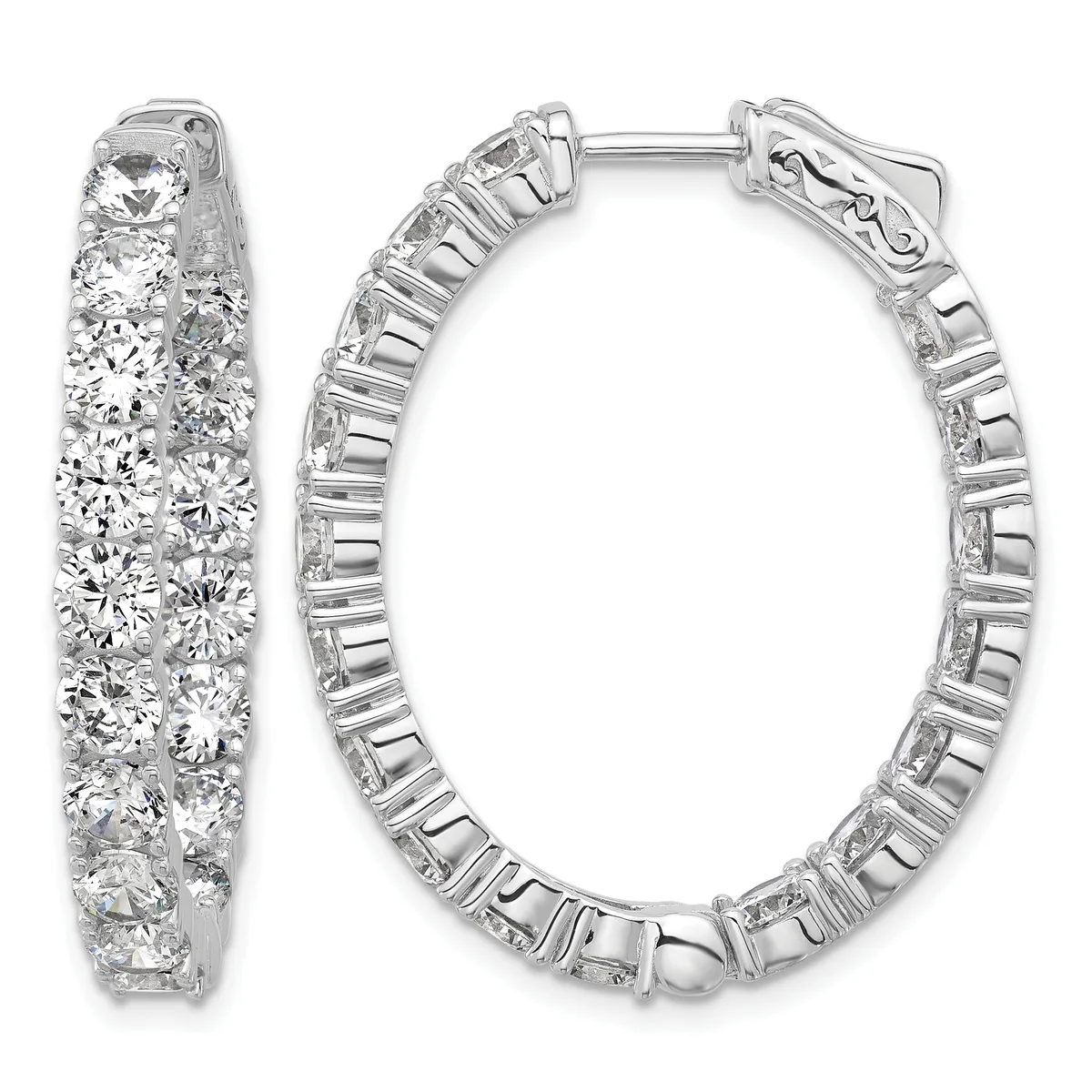 A pair of silver hoop earrings densely set with round diamonds, shown from the front and side angles.