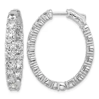 A pair of silver hoop earrings densely set with round diamonds, shown from the front and side angles.