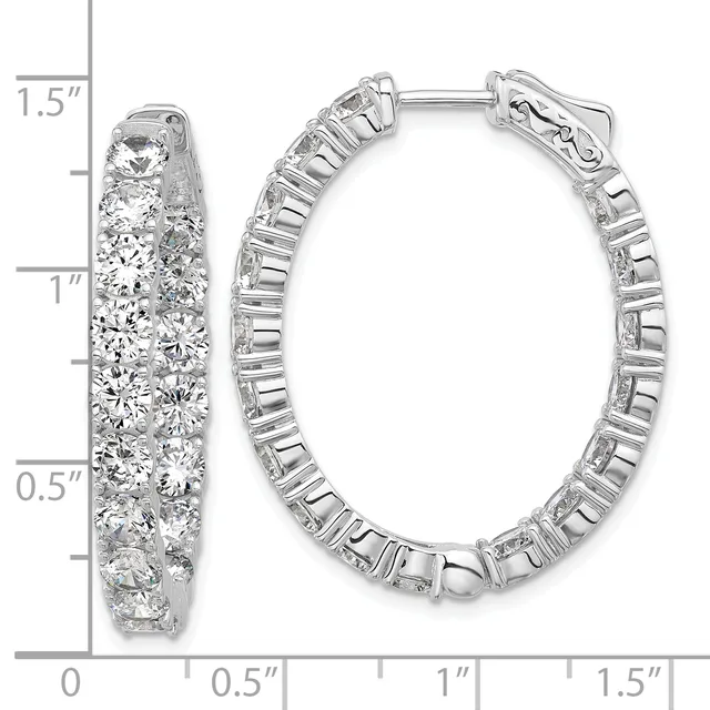 Pair of silver hoop earrings densely set with round diamonds, shown from front and side views with a measurement scale indicating approximately 1.5 inches in length.