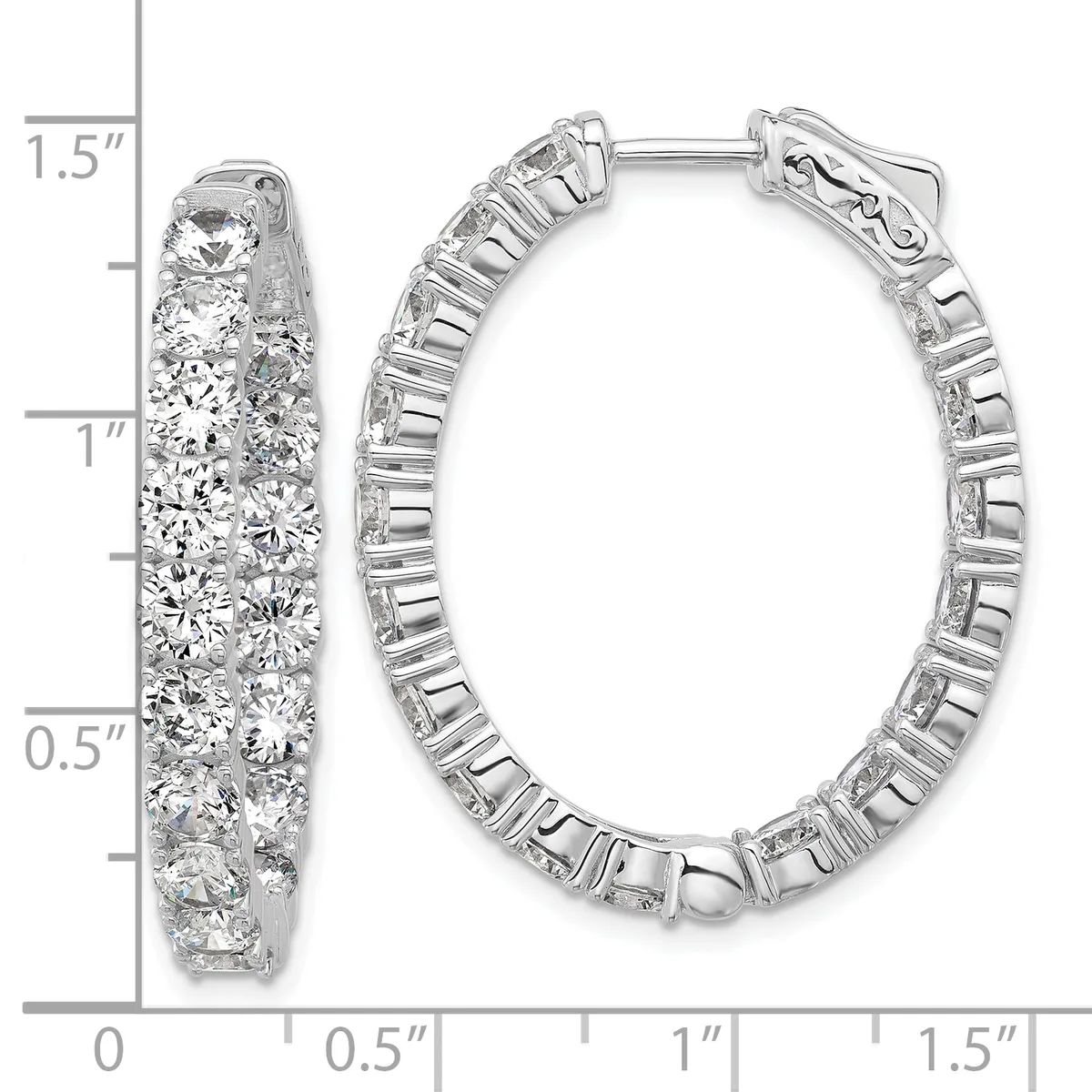 Pair of silver hoop earrings densely set with round diamonds, shown from front and side views with a measurement scale indicating approximately 1.5 inches in length.