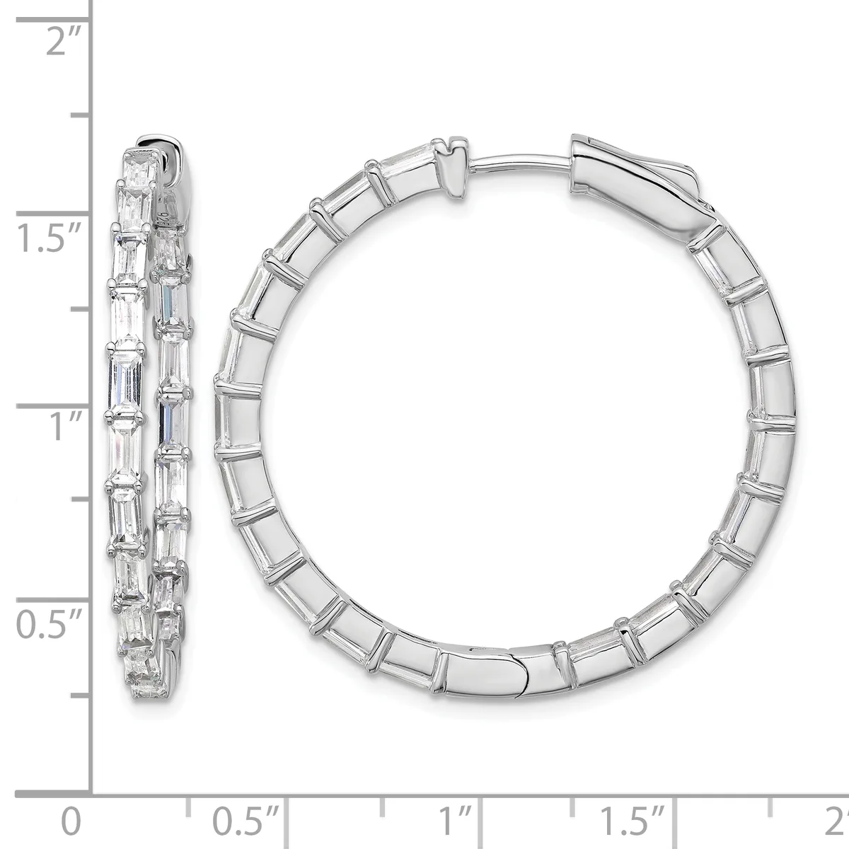 A pair of silver hoop earrings with rectangular baguette-cut cubic zirconia stones set along the outer surface, shown with a measurement scale indicating approximately 1.5 inches in diameter.