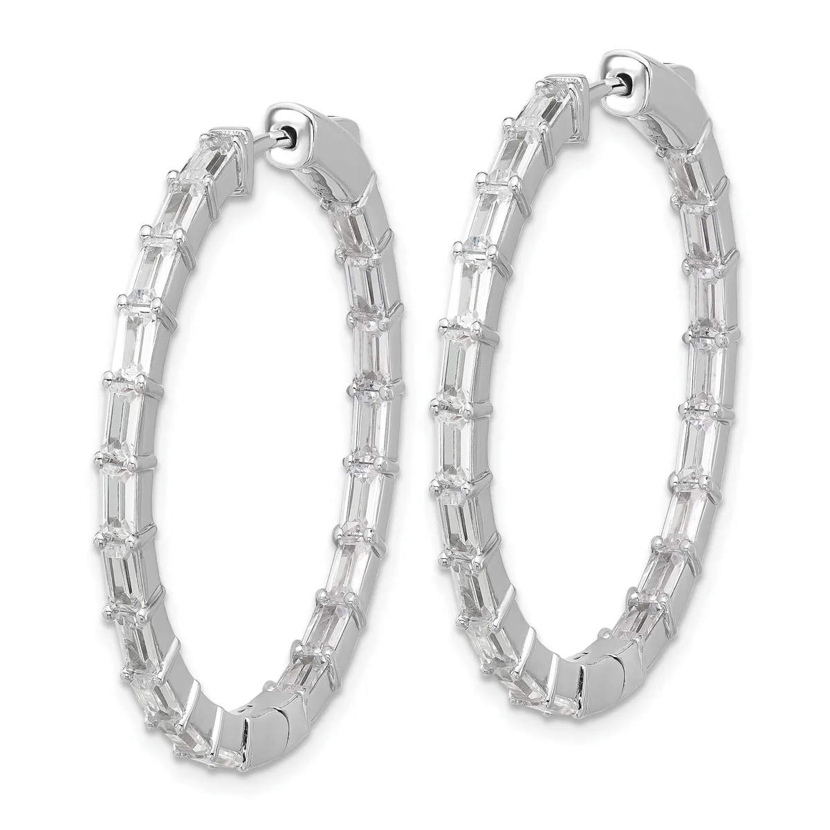 A pair of silver hoop earrings with rectangular baguette-cut crystals set along the outer surface, shown against a white background.