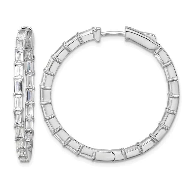 A pair of silver hoop earrings with rectangular baguette-cut cubic zirconia stones set along the outer edge, shown from front and side views.