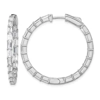A pair of silver hoop earrings with rectangular baguette-cut cubic zirconia stones set along the outer edge, shown from front and side views.