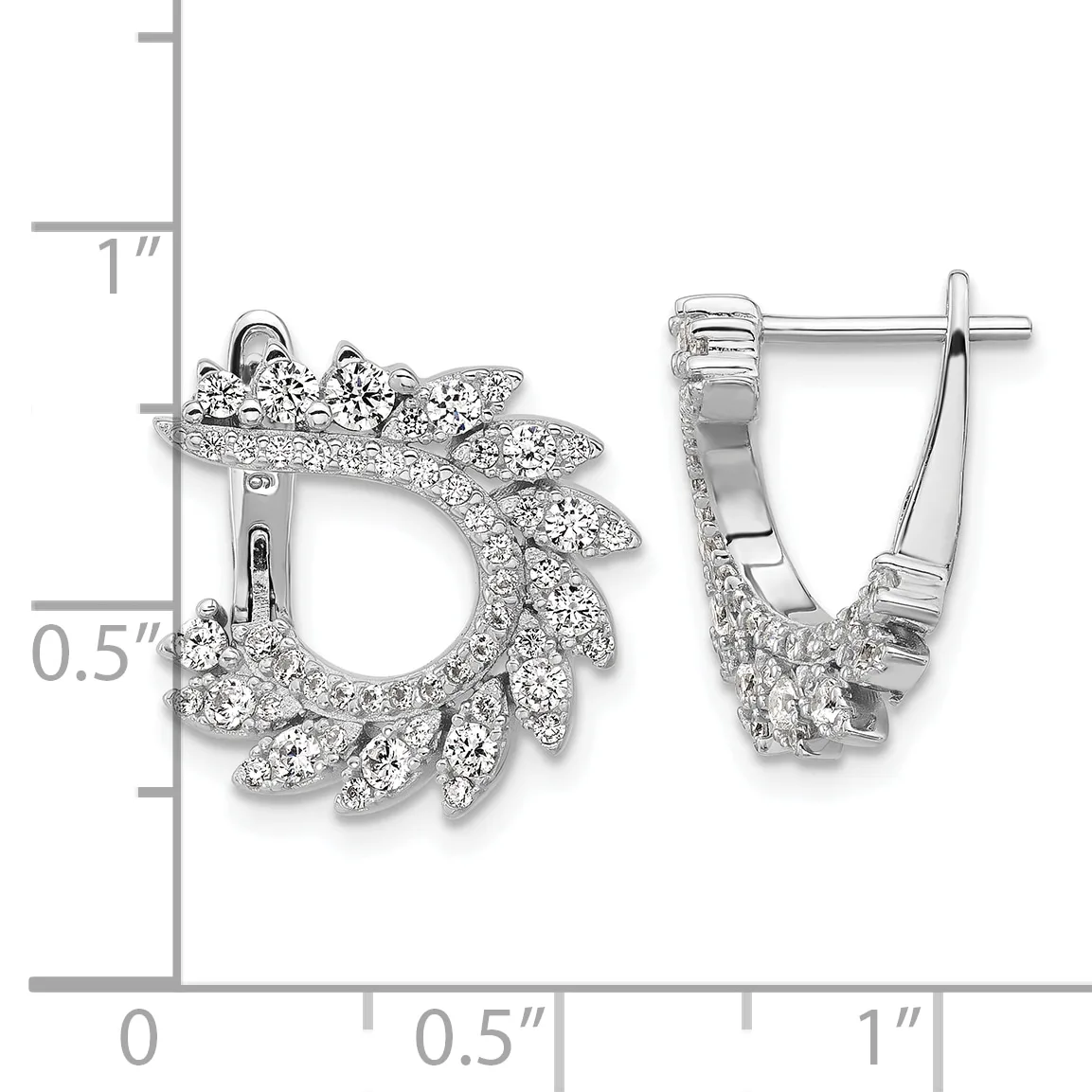 A pair of diamond cluster leaf-shaped hoop earrings with hinged backs, displayed against a measurement scale showing approximately one inch in height.