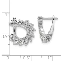 A pair of diamond cluster leaf-shaped hoop earrings with hinged backs, displayed against a measurement scale showing approximately one inch in height.