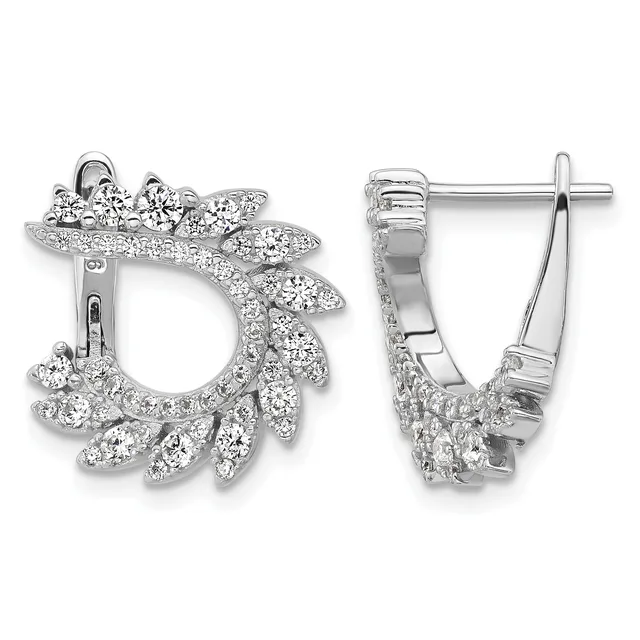 Pair of diamond halo earrings in white metal with clustered round brilliant diamonds arranged in a wreath design, shown from front and side views.