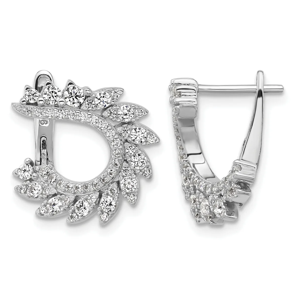 Pair of diamond halo earrings in white metal with clustered round brilliant diamonds arranged in a wreath design, shown from front and side views.