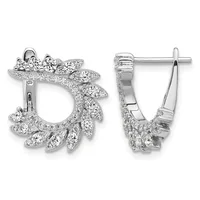Pair of diamond halo earrings in white metal with clustered round brilliant diamonds arranged in a wreath design, shown from front and side views.