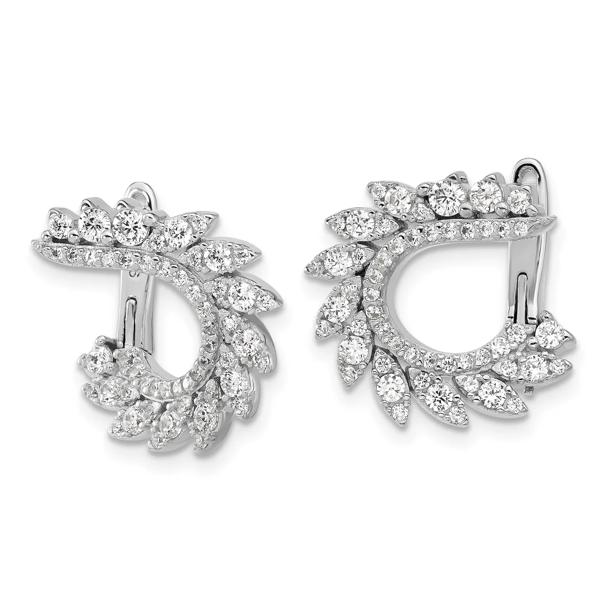 A pair of silver hoop earrings with leaf-shaped diamond settings arranged in a cascading pattern around the outer edges, shown from the front against a white background.