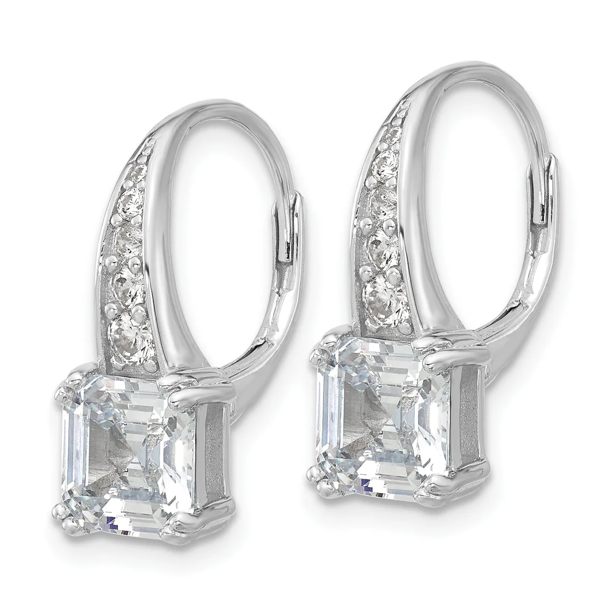 A pair of silver leverback earrings featuring large square-cut clear gemstones with smaller round diamonds set along the curved top portion.