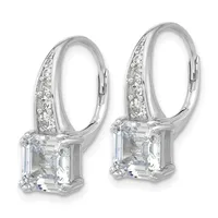 A pair of silver leverback earrings featuring large square-cut clear gemstones with smaller round diamonds set along the curved top portion.