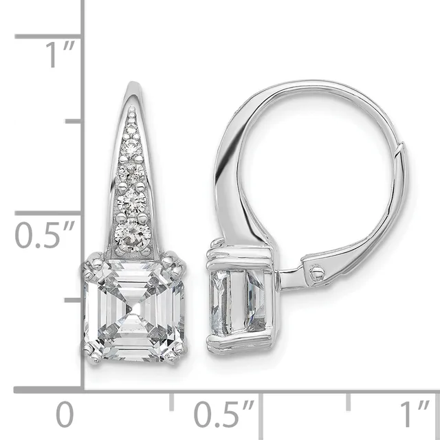 Pair of silver leverback earrings with assay mark, each featuring a square-cut crystal stone below a tapered pave-set diamond cone, shown against a measurement scale.
