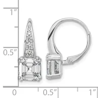Pair of silver leverback earrings with assay mark, each featuring a square-cut crystal stone below a tapered pave-set diamond cone, shown against a measurement scale.