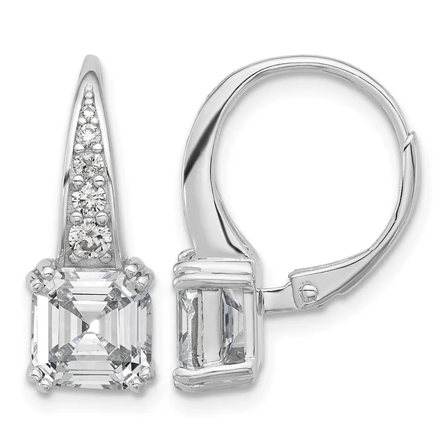 Pair of silver-toned leverback earrings with square-cut clear gemstones and tapered tops decorated with smaller round stones.