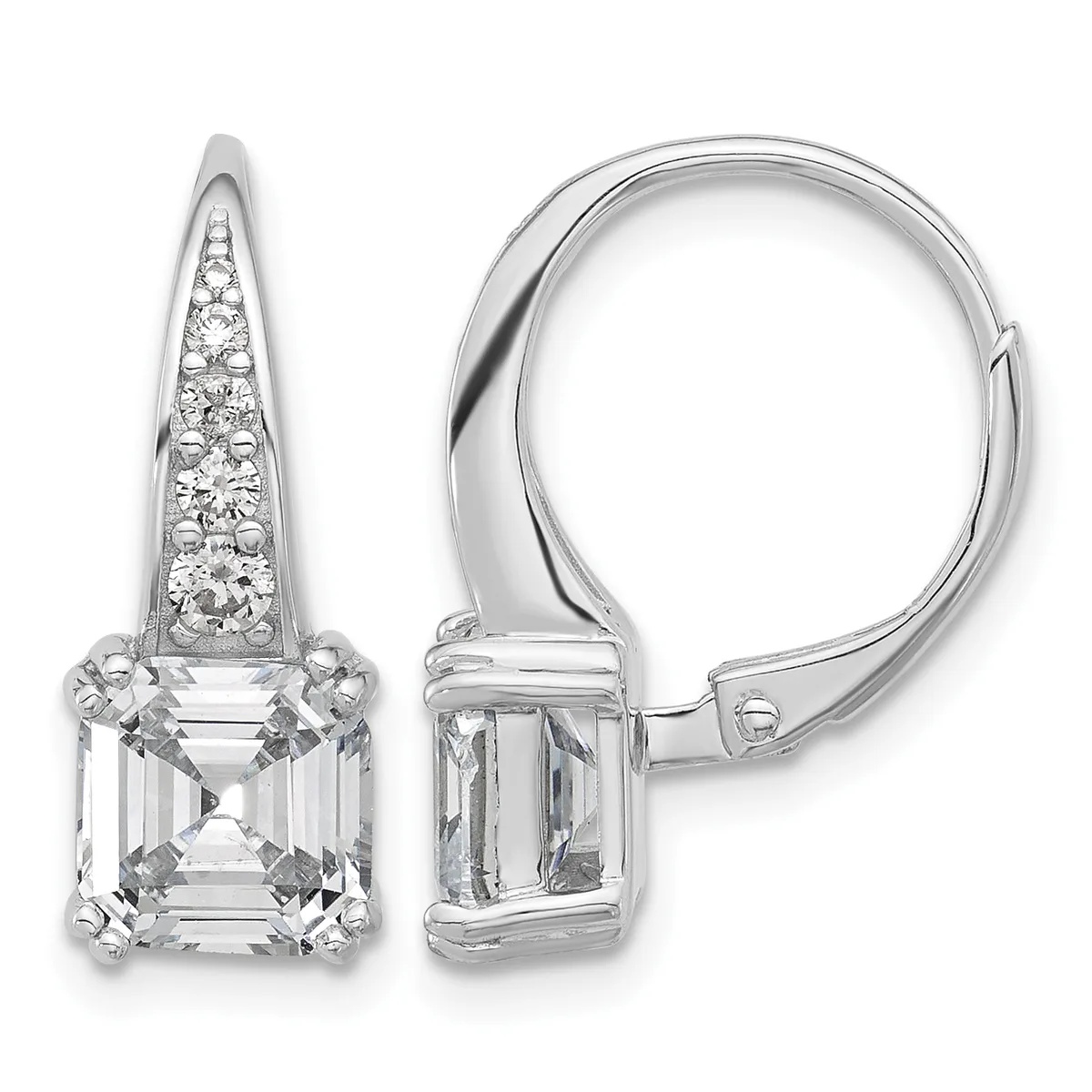 Pair of silver-toned leverback earrings with square-cut clear gemstones and tapered tops decorated with smaller round stones.