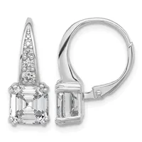 Pair of silver-toned leverback earrings with square-cut clear gemstones and tapered tops decorated with smaller round stones.