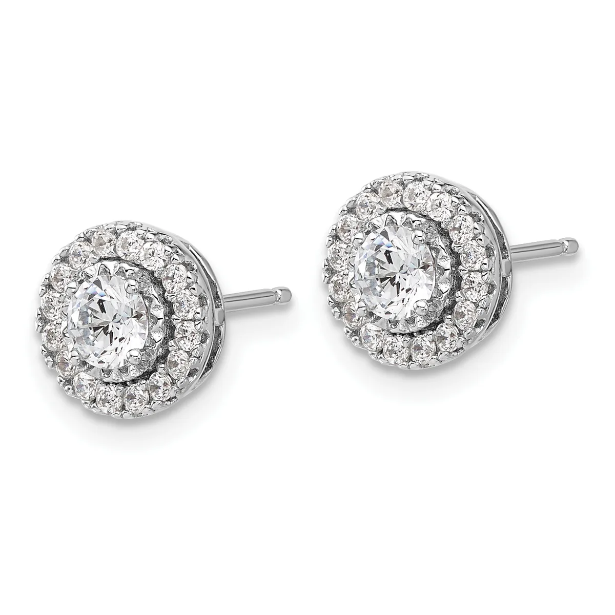 A pair of round diamond stud earrings with a central round diamond surrounded by a halo of smaller diamonds in white metal, shown from the front.