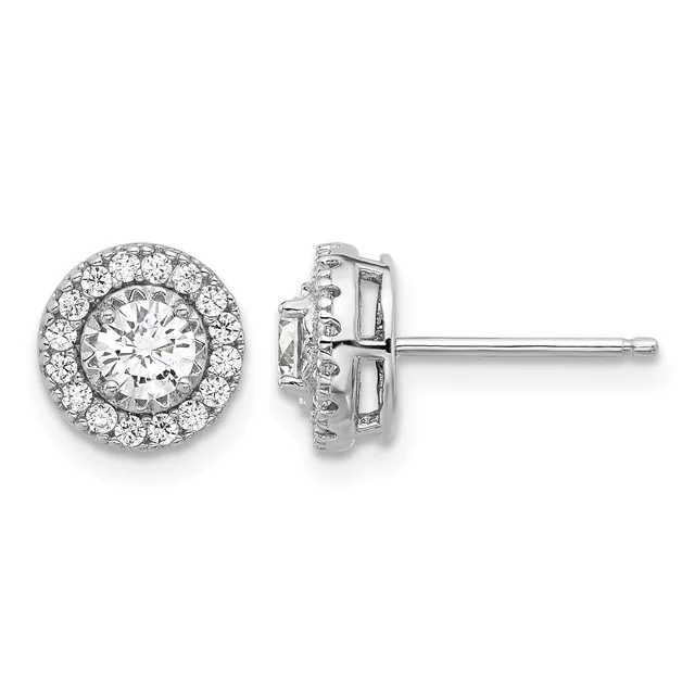 Pair of round diamond stud earrings with halos of smaller diamonds surrounding larger center stones, shown from front and side views on white background.