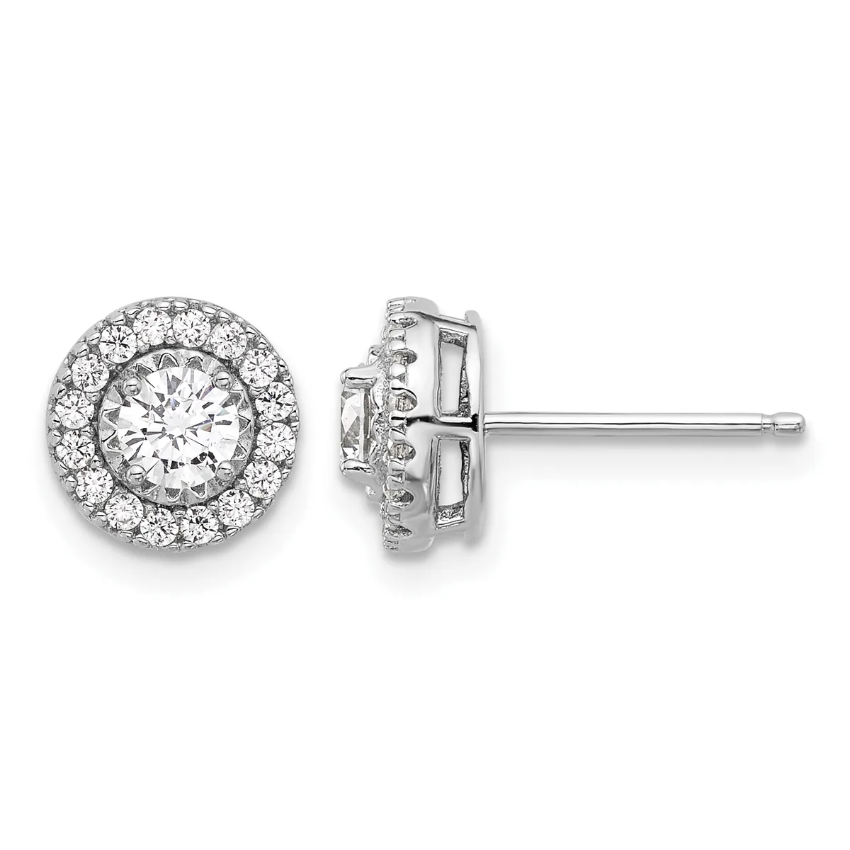 Pair of round diamond stud earrings with halos of smaller diamonds surrounding larger center stones, shown from front and side views on white background.
