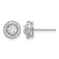 Pair of round diamond stud earrings with halos of smaller diamonds surrounding larger center stones, shown from front and side views on white background.