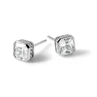 Pair of square-shaped stud earrings with large cushion-cut clear gemstones set in white metal with small decorative stones around the bezels, shown on posts against a white background.
