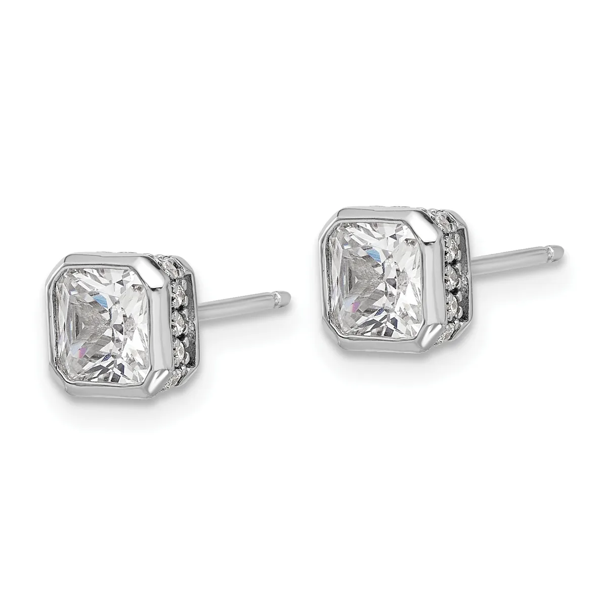 Pair of silver stud earrings with square bezels containing radiant-cut clear stones surrounded by smaller accent stones on the sides.