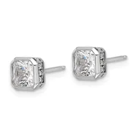 Pair of silver stud earrings with square bezels containing radiant-cut clear stones surrounded by smaller accent stones on the sides.