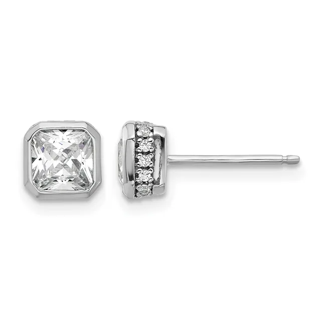 A pair of silver stud earrings with square-cut clear stones on the left and round stones set in a channel on the right, shown from front and back views.