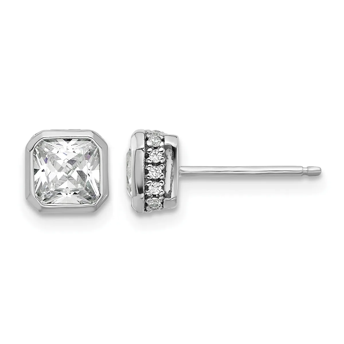 A pair of silver stud earrings with square-cut clear stones on the left and round stones set in a channel on the right, shown from front and back views.