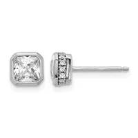 A pair of silver stud earrings with square-cut clear stones on the left and round stones set in a channel on the right, shown from front and back views.