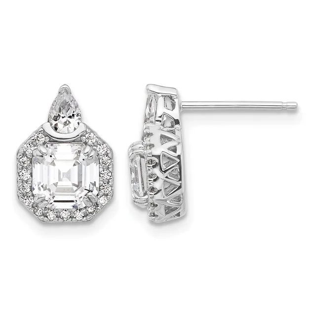 A pair of silver stud earrings featuring an emerald-cut diamond surrounded by a halo of smaller diamonds, with a pear-shaped diamond accent above, shown from front and back views.