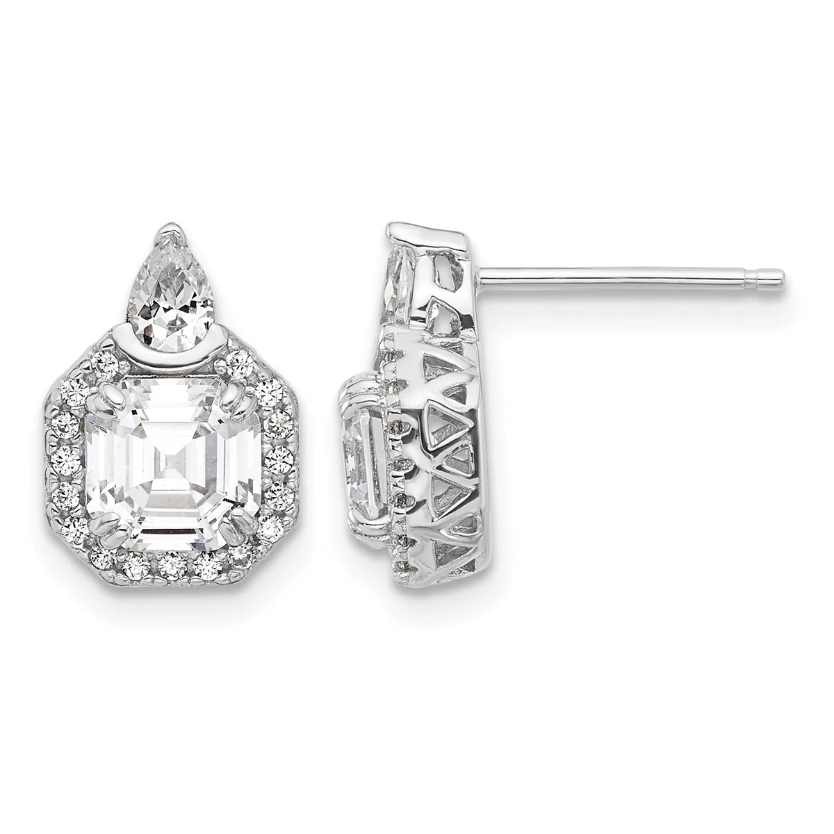 A pair of silver stud earrings featuring an emerald-cut diamond surrounded by a halo of smaller diamonds, with a pear-shaped diamond accent above, shown from front and back views.