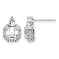 A pair of silver stud earrings featuring an emerald-cut diamond surrounded by a halo of smaller diamonds, with a pear-shaped diamond accent above, shown from front and back views.