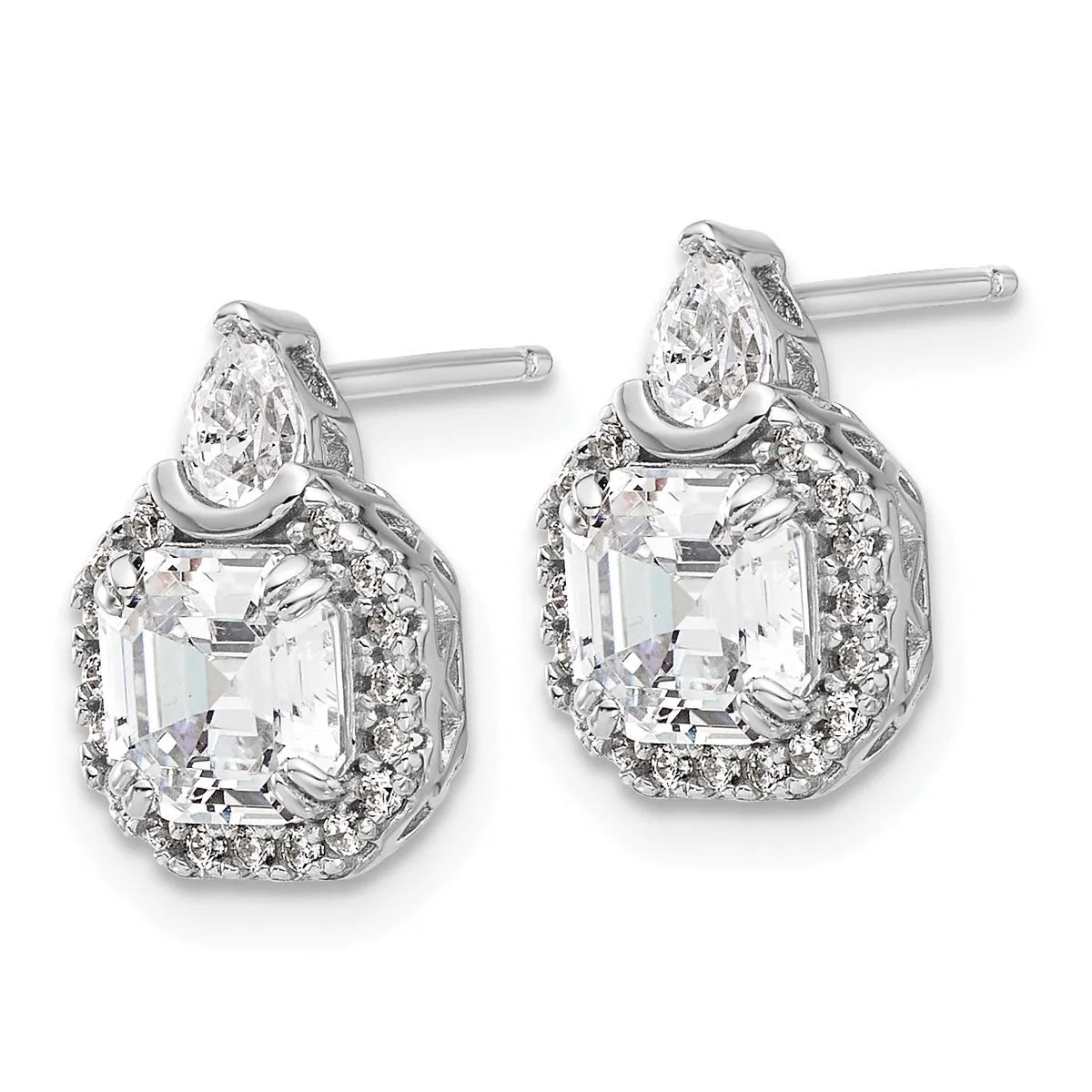 Pair of silver stud earrings featuring pear-shaped diamonds atop square-cut clear stones surrounded by small round diamonds.