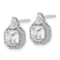Pair of silver stud earrings featuring pear-shaped diamonds atop square-cut clear stones surrounded by small round diamonds.