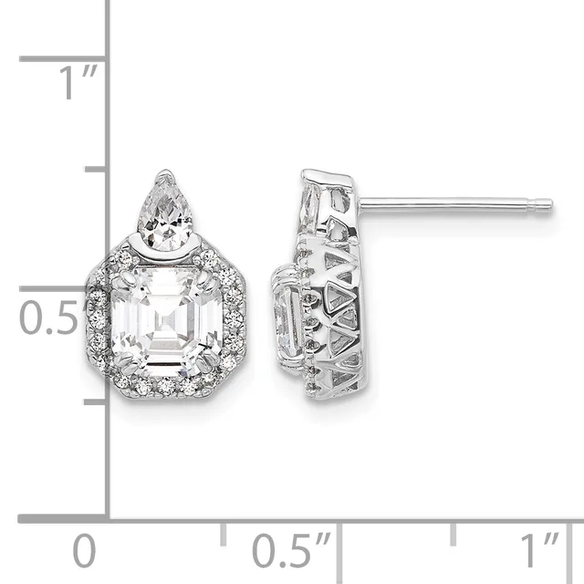 Pair of diamond stud earrings with asscher-cut centers surrounded by halos of smaller diamonds, shown front and side view against a measurement scale.