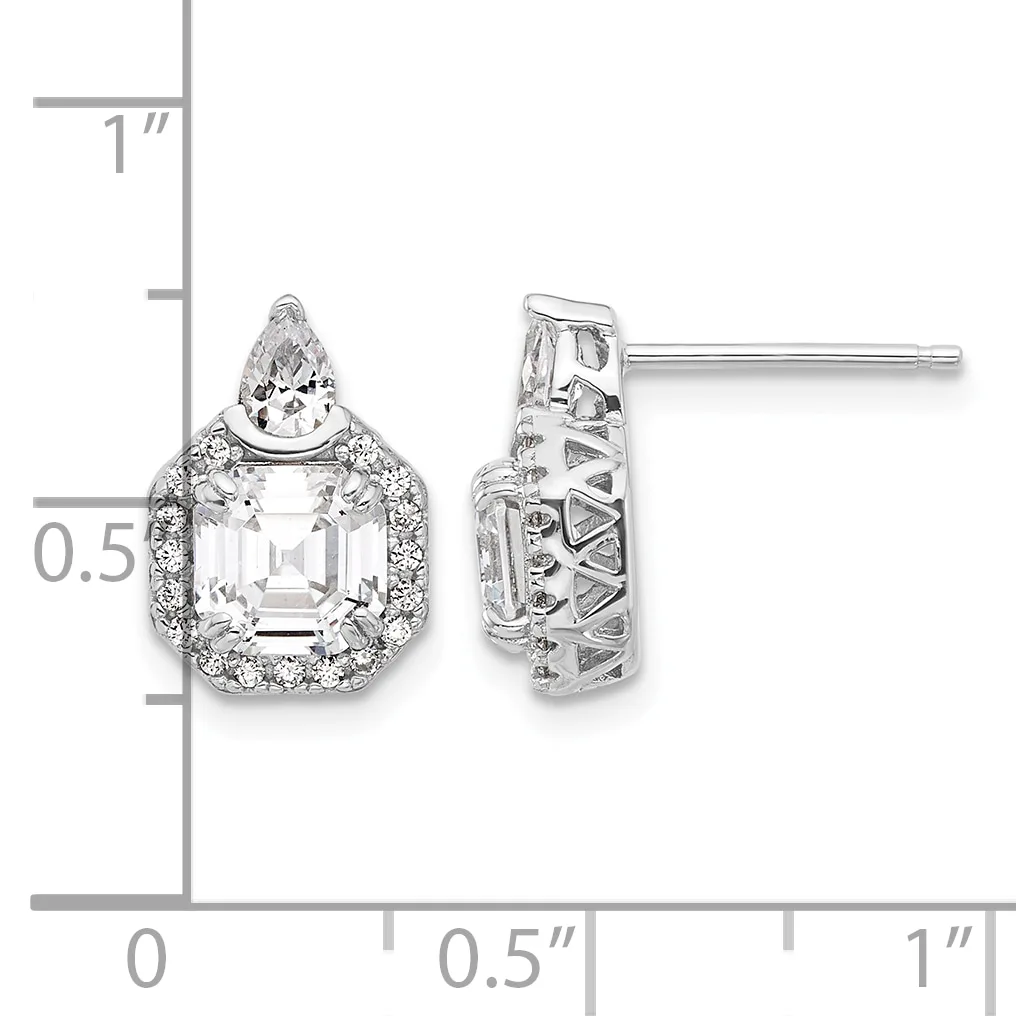 Pair of diamond stud earrings with asscher-cut centers surrounded by halos of smaller diamonds, shown front and side view against a measurement scale.