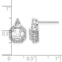 Pair of diamond stud earrings with asscher-cut centers surrounded by halos of smaller diamonds, shown front and side view against a measurement scale.
