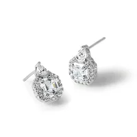 A pair of silver stud earrings with pear-shaped diamonds surrounded by smaller round diamonds in a halo setting, shown from two angles.